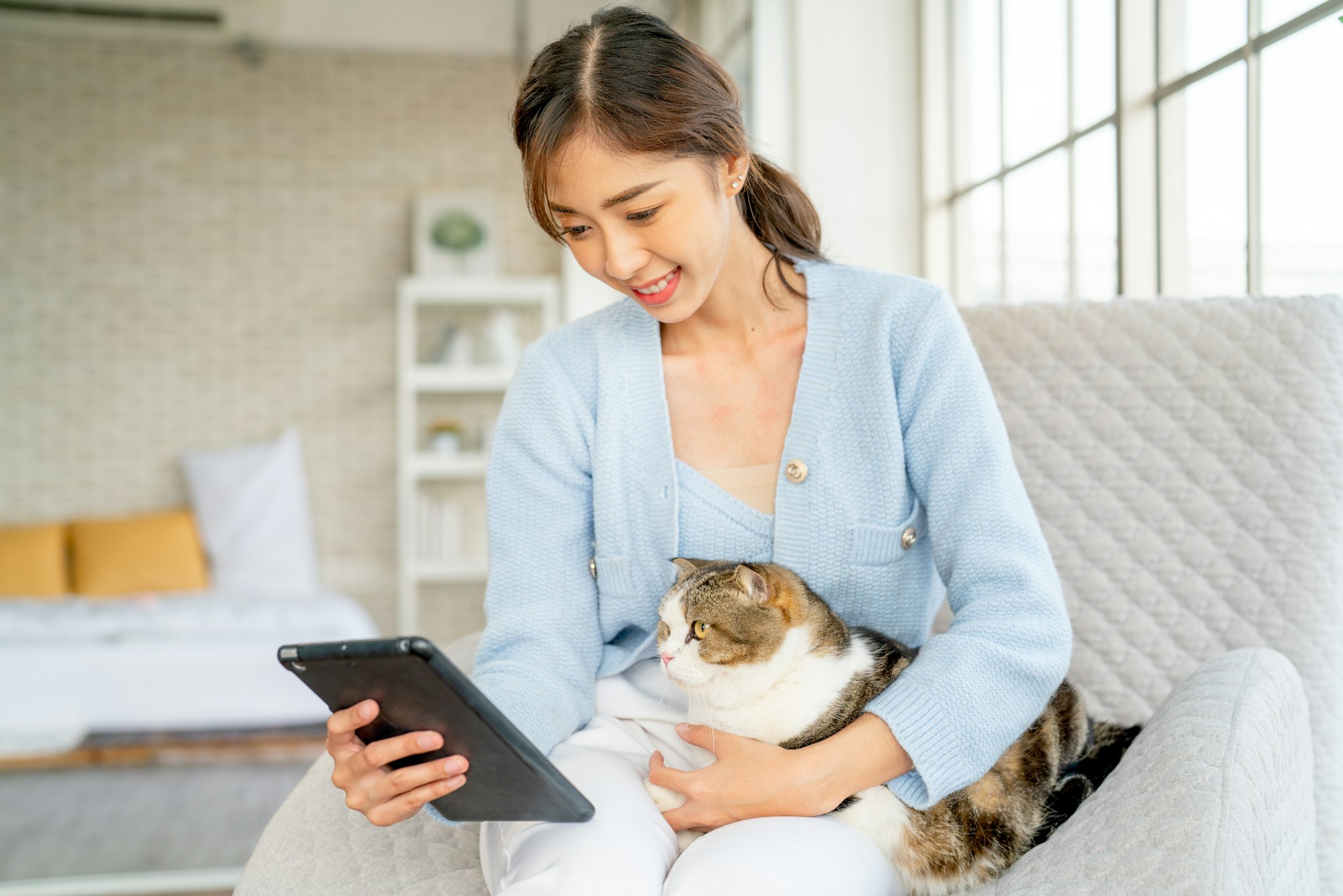 woman holding tablet and lovely cat also interest and look at tablet with stay on sofa in bedroom