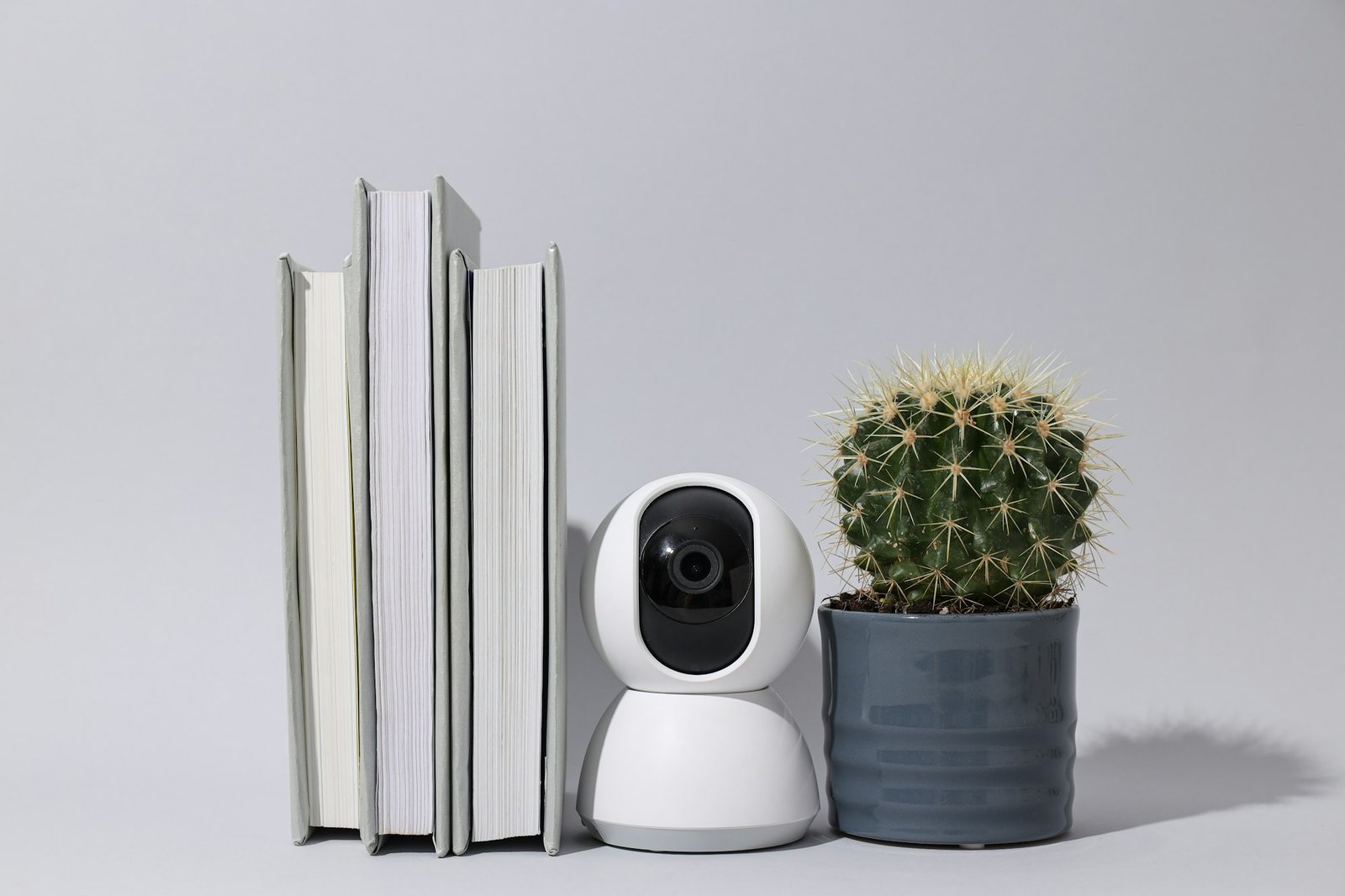The Ultimate Guide To Smart Security Solutions For Property Rentals 1 Home Security Camera, Cactus And Books On Gray Background