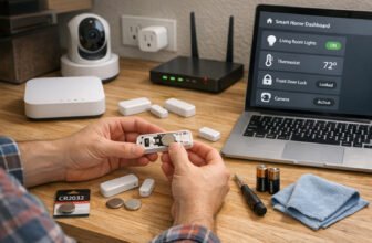 Smart Home Devices, Batteries, And Tools Arranged For Routine Home Automation Maintenance.
