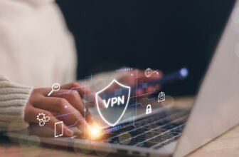 Vpn Virtual Private Network Protocol Concept, Women Use A Laptop With A Futuristic Virtual Interface Screen Of A Vpn Icon To Connect To The Vpn Network.