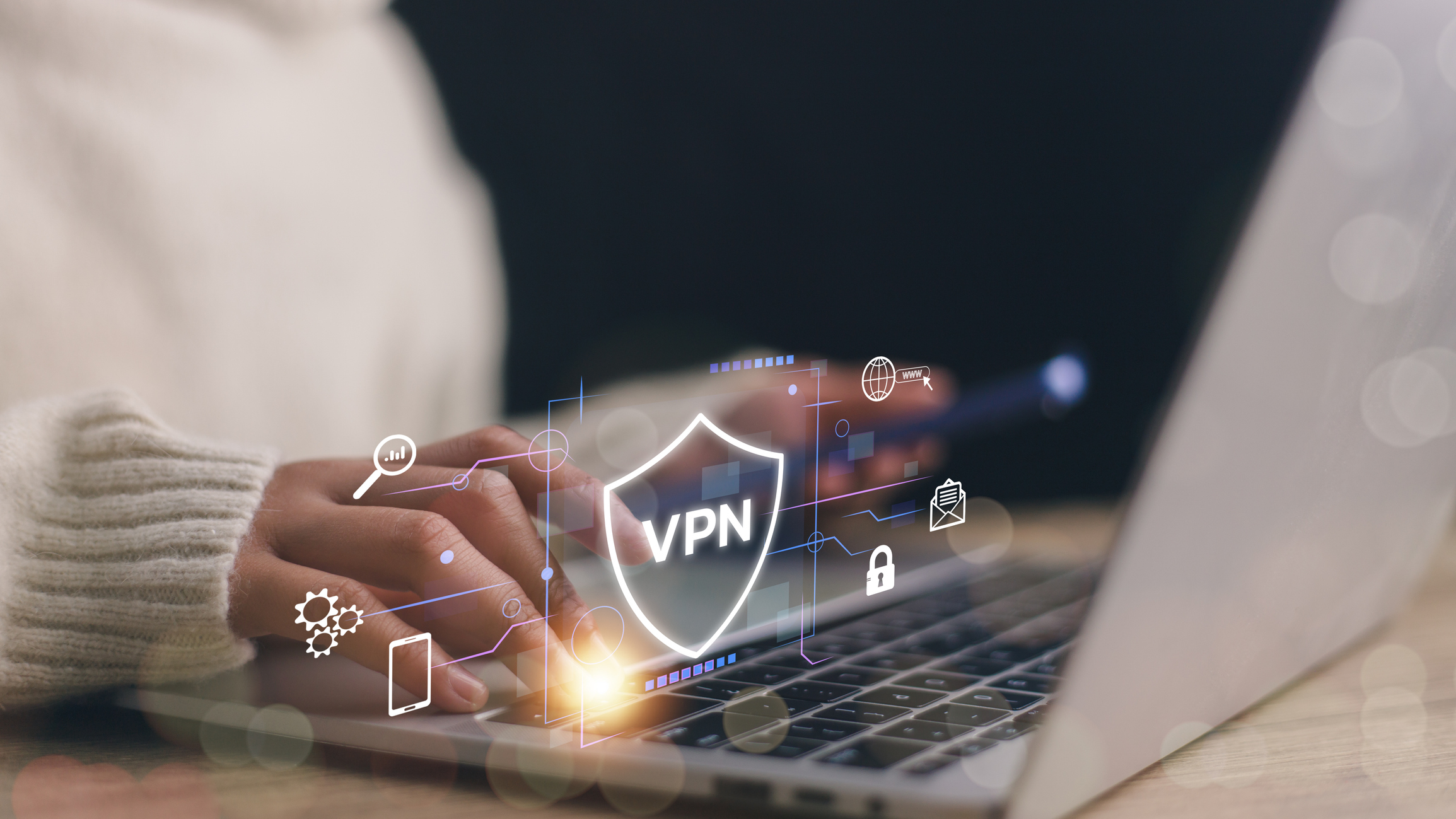 VPN Virtual Private network protocol concept, Women use a laptop with a futuristic virtual interface screen of a VPN icon to connect to the VPN network.