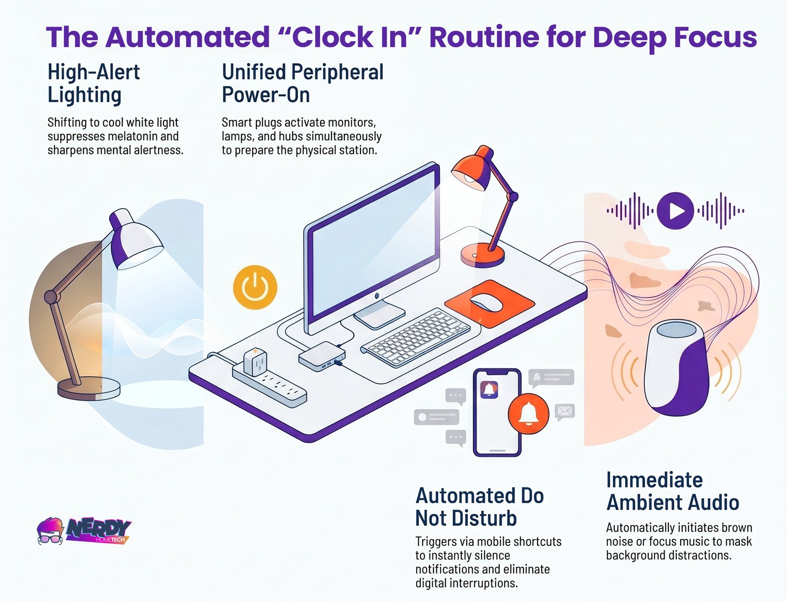 Clock In Routine: Cool White Light Signals Your Brain It'S Work Time. Your Gear Powers On Together. Do Not Disturb Activates. Focus Audio Starts. One Tap. Four Things Happen. Your Brain Knows: It'S Time To Work.
