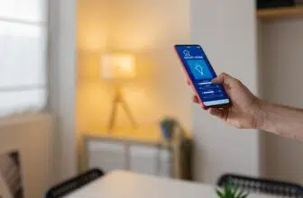 Man using smart home app on smartphone to control lighting